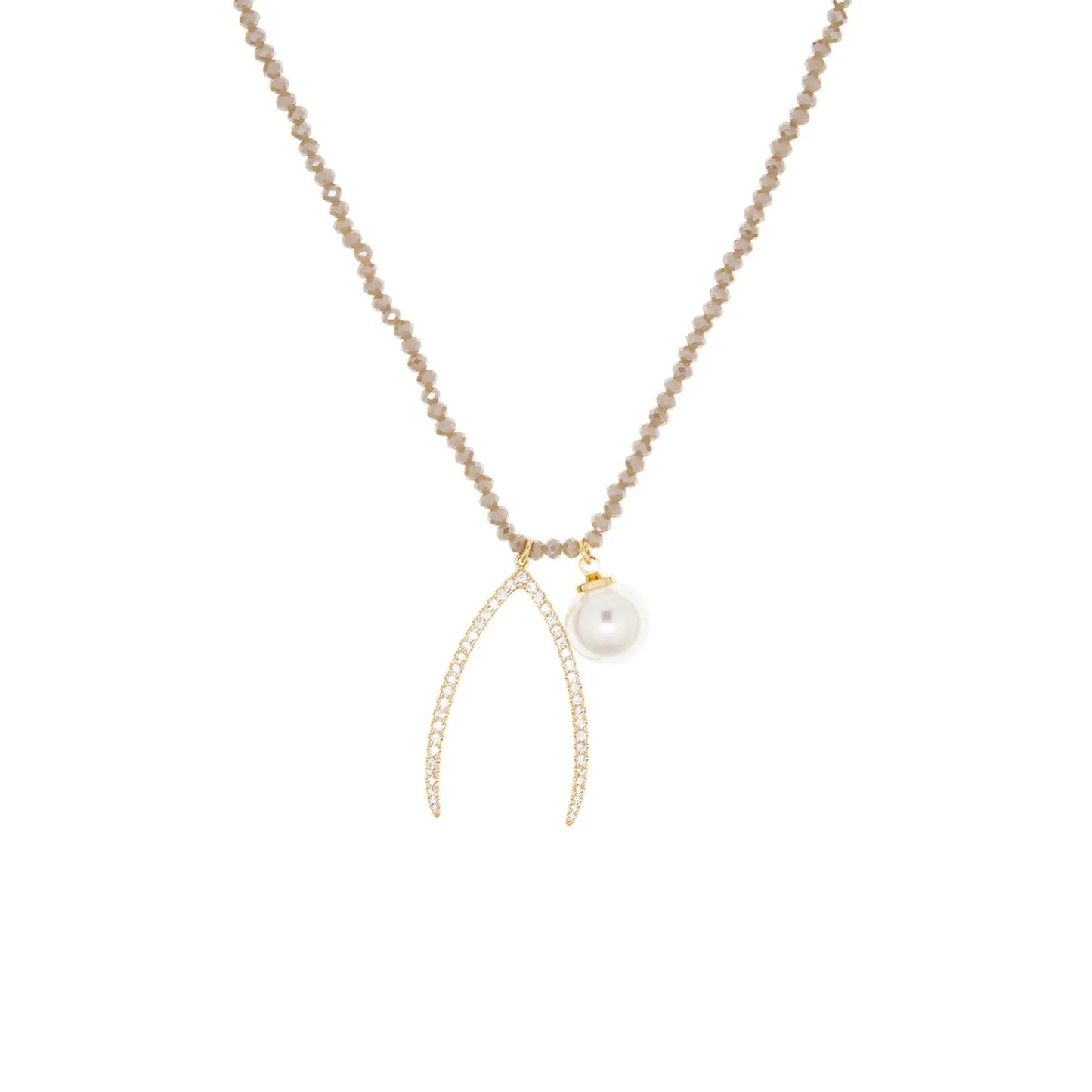 Gold Plated/Taupe-Crystal Beaded Necklace with Wishbone and Pearl Charm