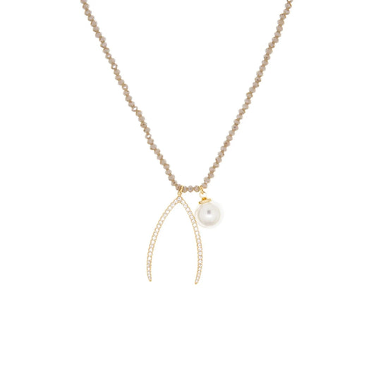 Gold Plated/Taupe-Crystal Beaded Necklace with Wishbone and Pearl Charm