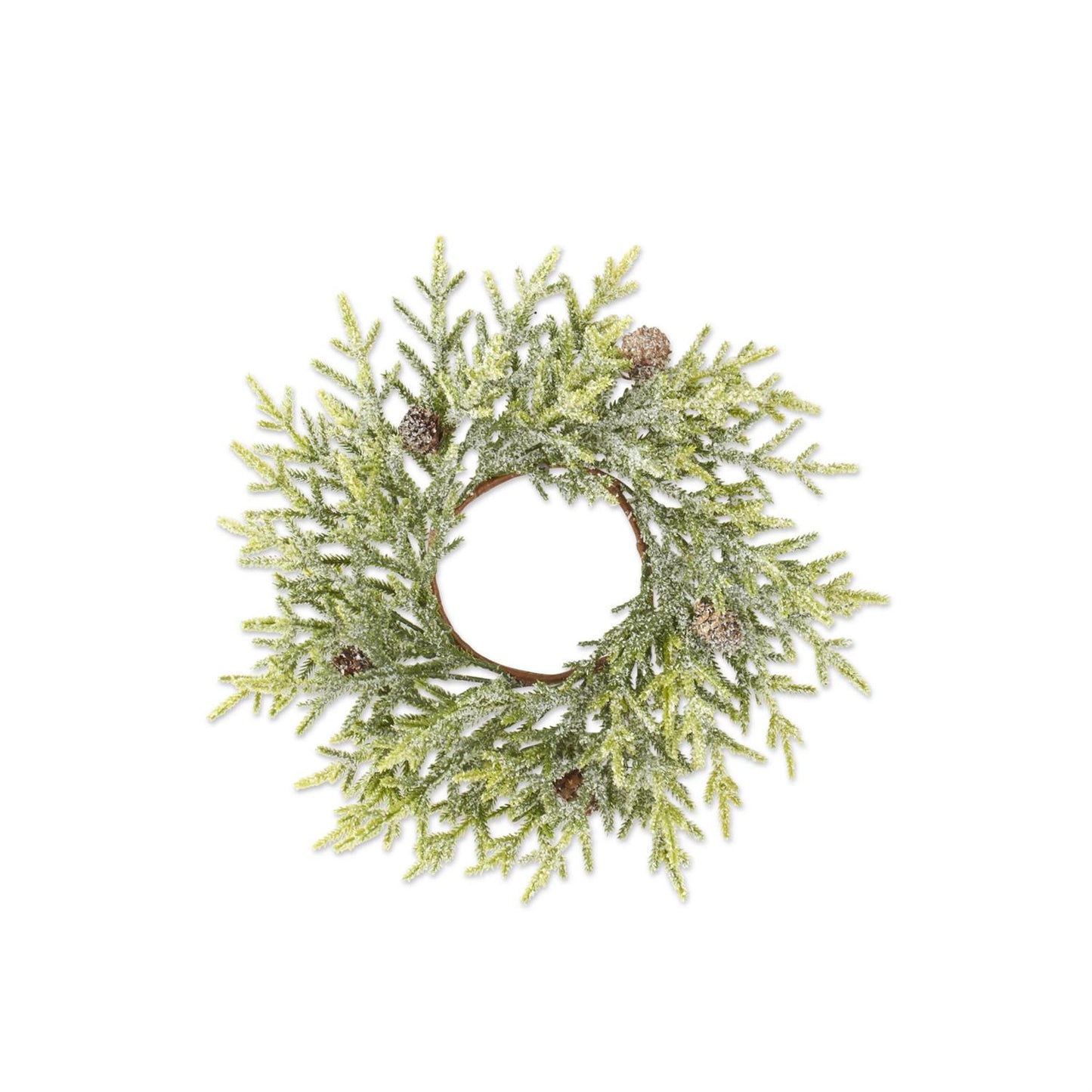 14 Inch Snowy Juniper Candle Ring w/Mini Pinecones (4.5Dia.)