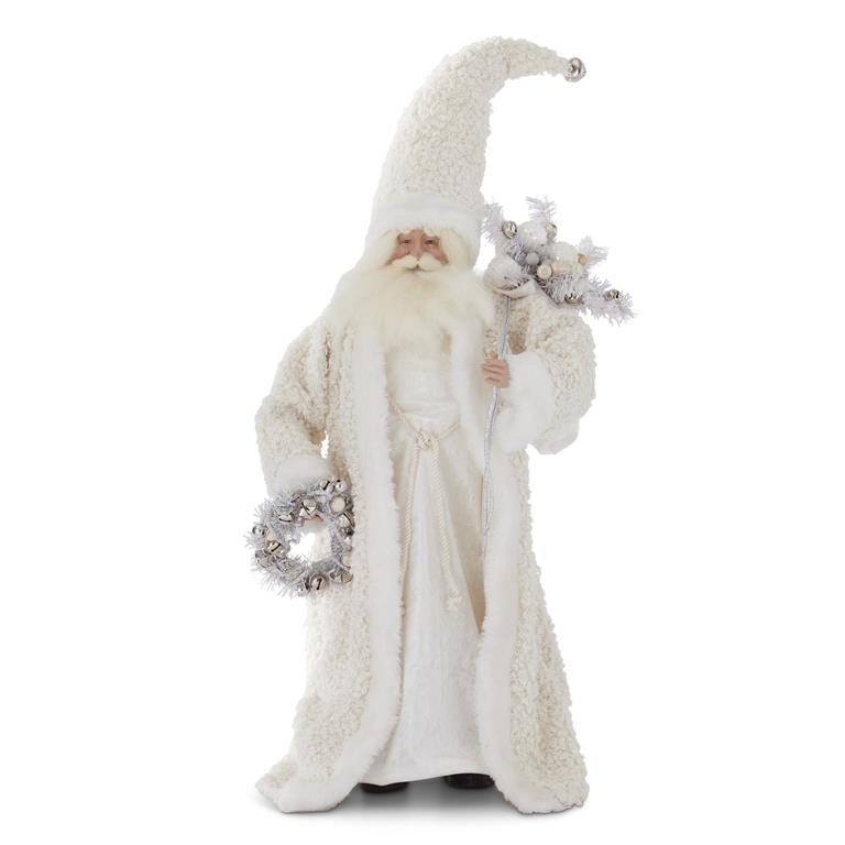 26" Cream Fringe Coat Santa w/ Wreath & Sack